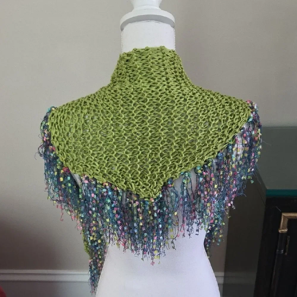 Elegant Green and Multicolor Fringe Scarf